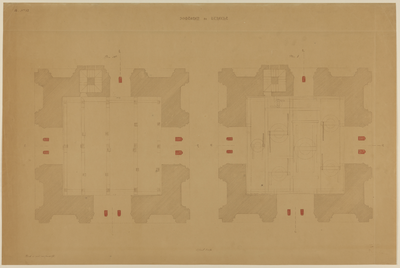 217427 Twee plattegronden (van oost naar west) van de Domtoren te Utrecht van de hogere gedeelten van het tweede ...